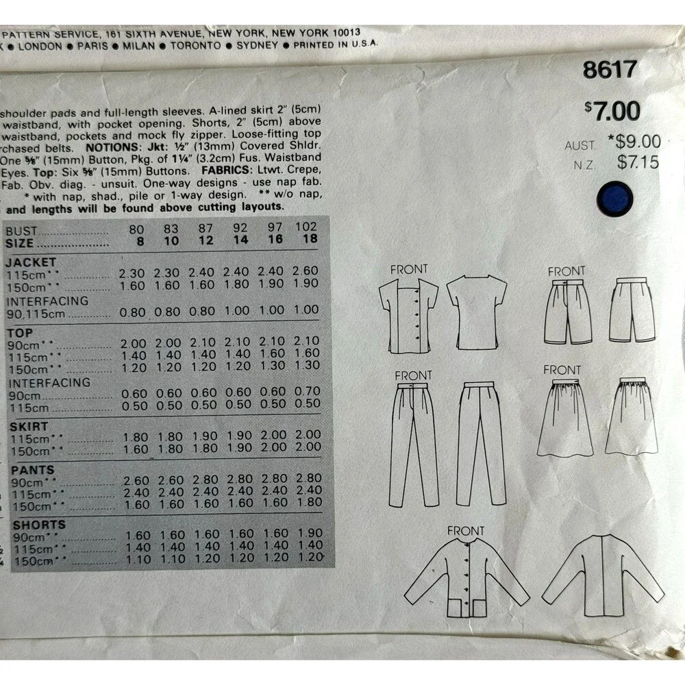 Vtg Vogue 8617 Sewing Pattern Jacket Skirt Pants Shorts Top 8 10 12 UC Classic